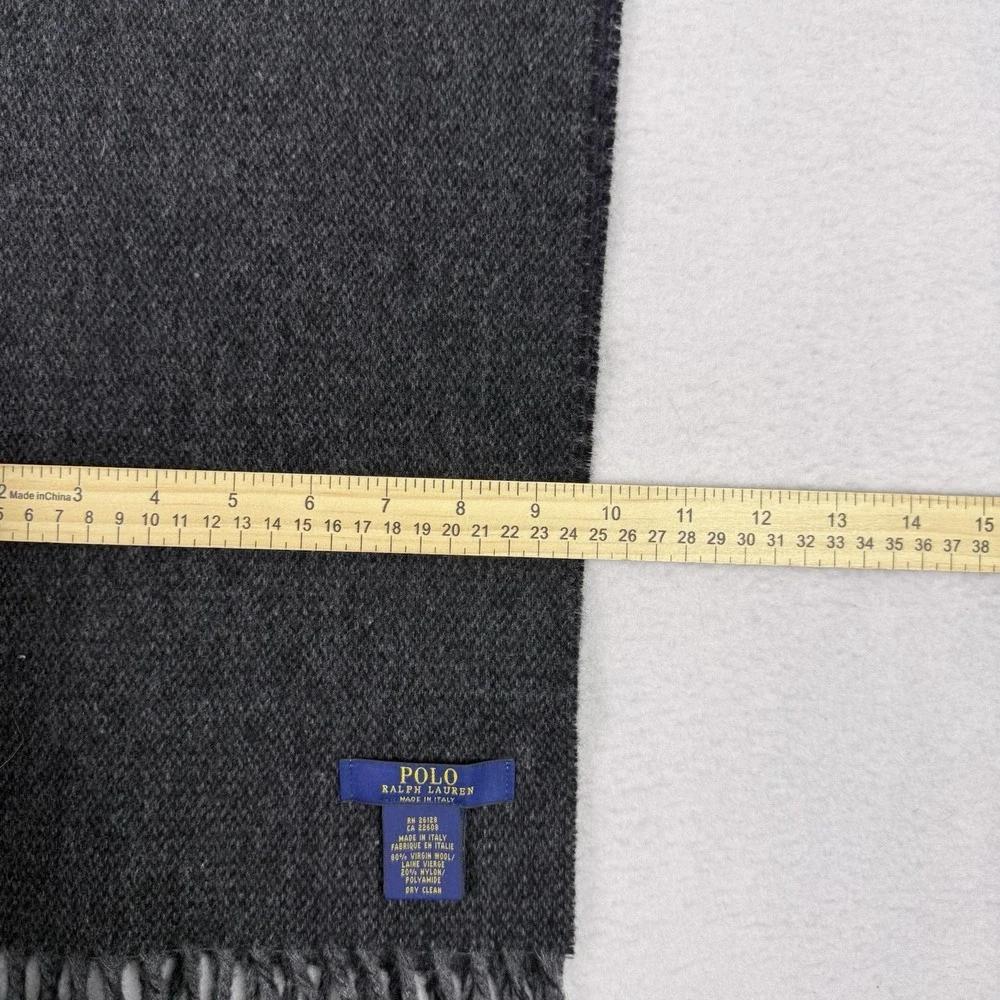 Polo Ralph Lauren Black 100% Lambswool Scarf Purple Pony Fringe Made In‎ Italy